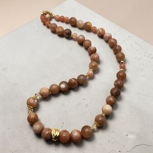 Sunstone Beaded Necklace with Gold Accents - Brown